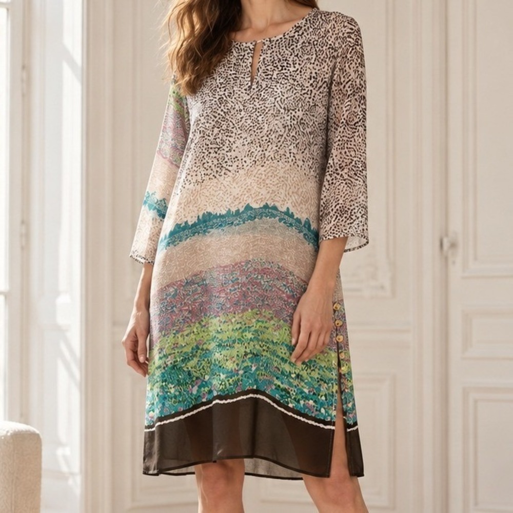 Citron Santa Monica Silk Leopard Slide Slit Abstract Midi Shift Dress Medium